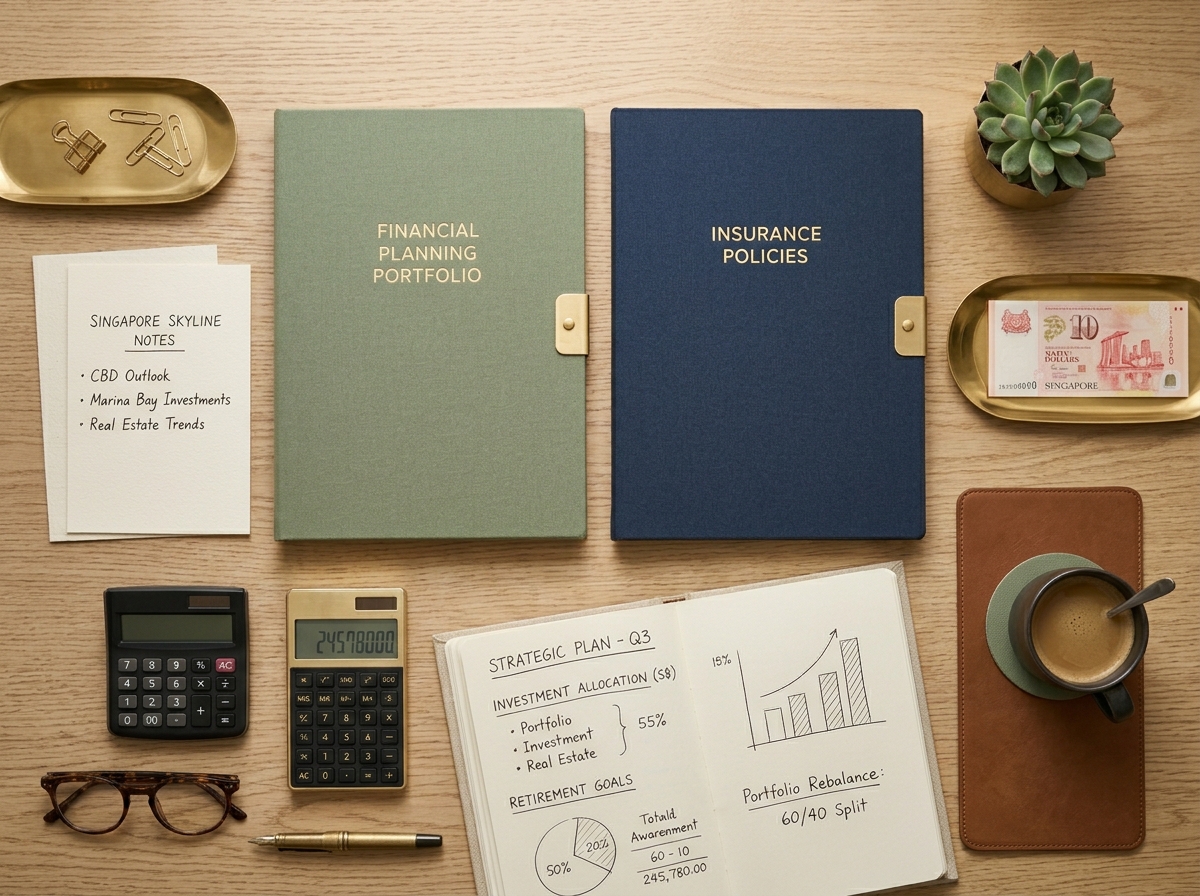 Financial planning desk setup with policy documents